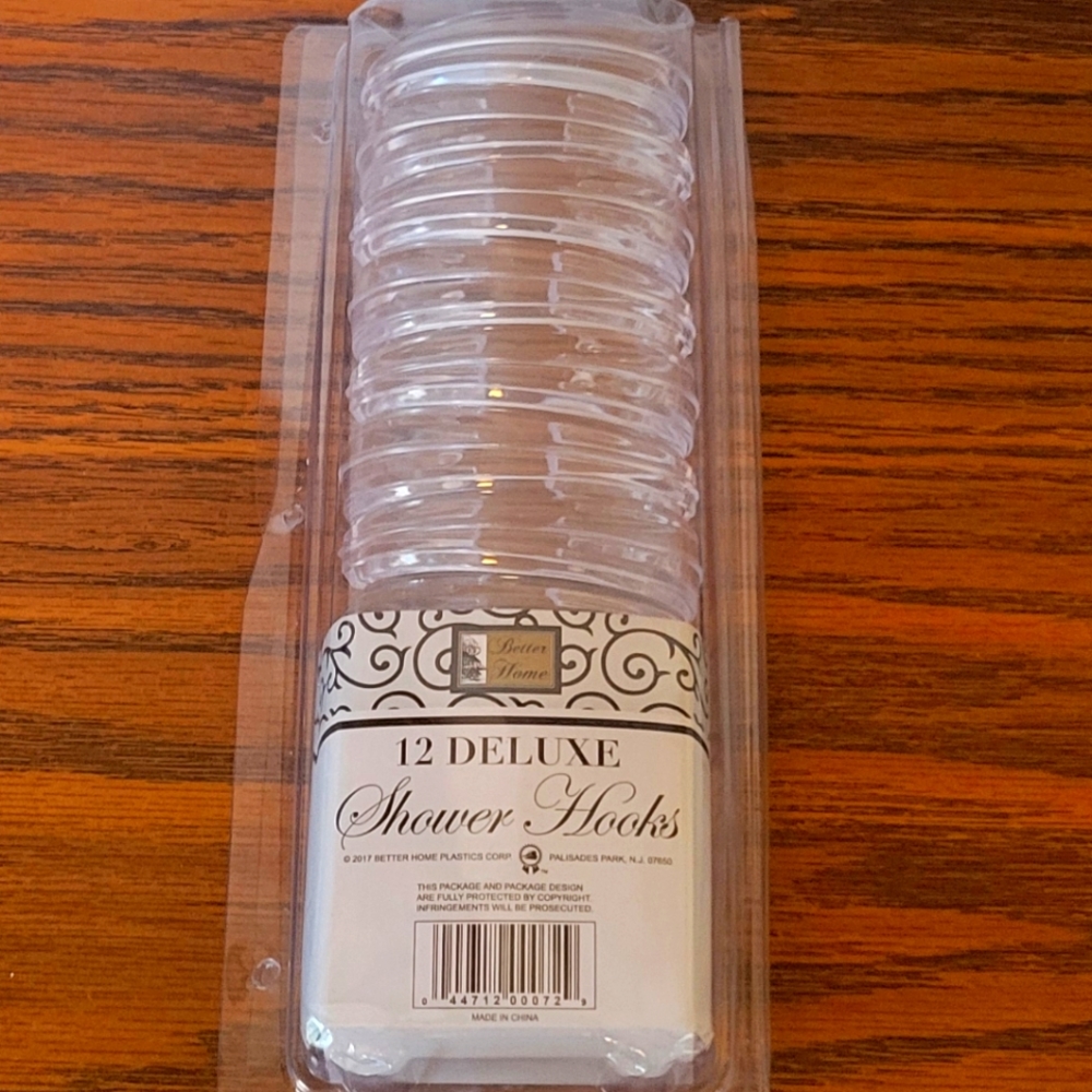 Better Home 12 plastic C-shaped shower curtain ring hooks.